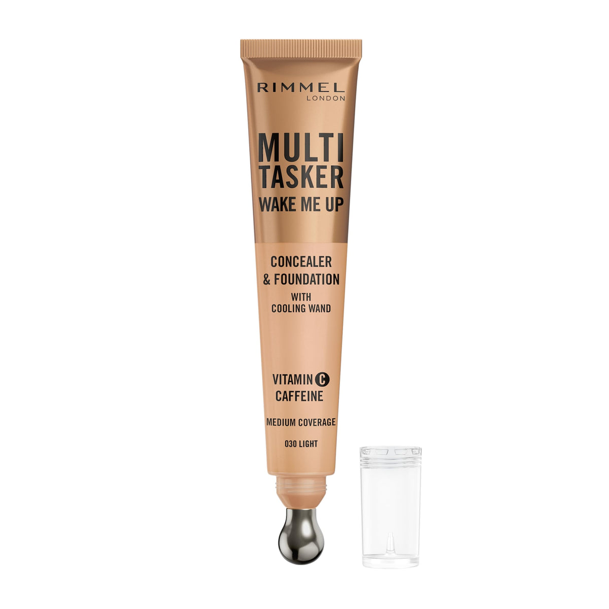 Rimmel Multi-Tasker Wake Me Up Foundation & Concealer 030 Light, Depuffs & Brightens Dark Circles, Metallic Cooling Applicator, Caffeine & Victamin C, 2% Niacinamide, Vegan, Cruelty free