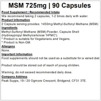 Peak Supps MSM Capsules 725mg Capsules | Pure | Vegan (90 Capsules)