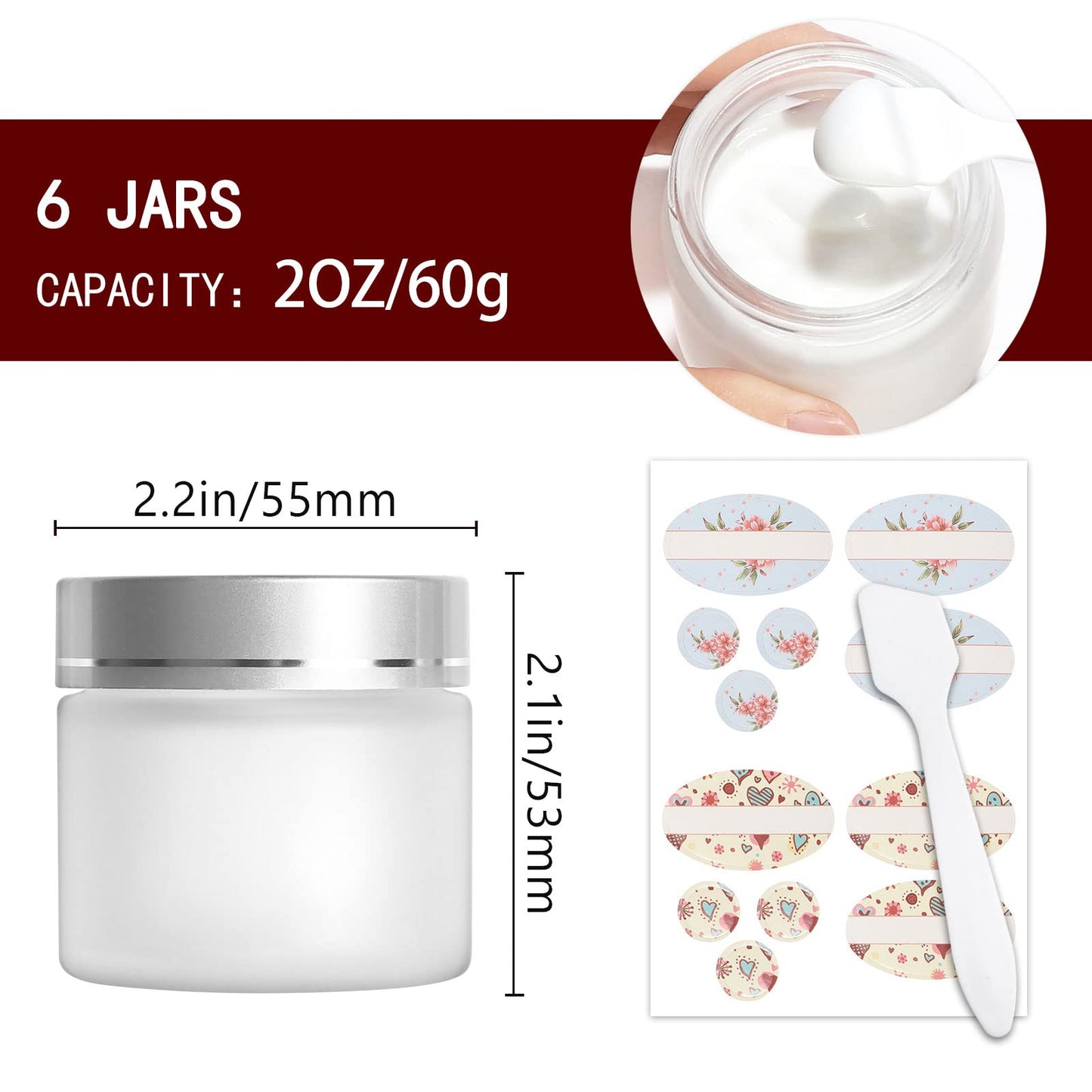 SHiZAK 6 Pack, 2 oz 60ml Frosted Glass Jars with Silver Lids & Inner Liners, Empty Matte Clear Round Refillable Cosmetic Containers Travel Jars for Cosmetics,Body Face Cream Lotion