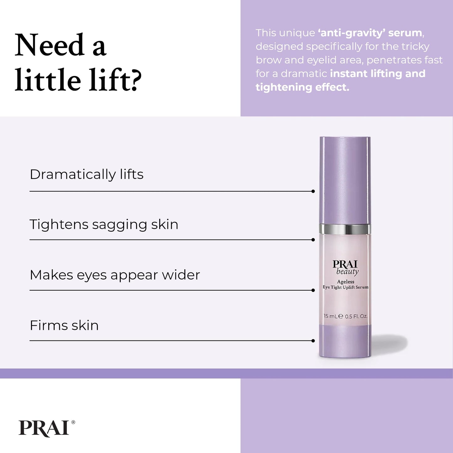 Prai PRAI Ageless Eye Tight Uplift Serum 15ml - Dramatic Instant Eye Lift & Tightening Effect - Anti-Gravity Serum - For Moisturised & Radiant Eyes - Smoothes Wrinkles & Reduces Puffiness