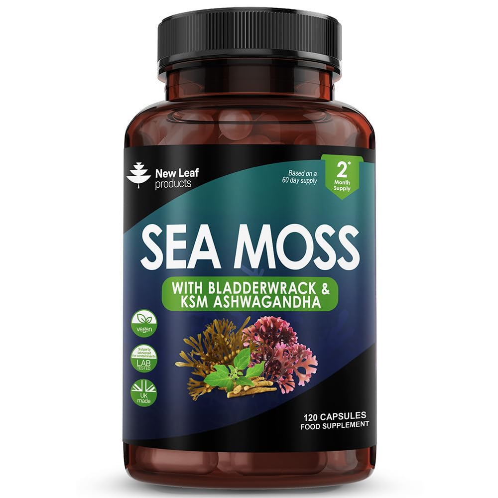NEW LEAF PRODUCTS Sea Moss Complex - Pure Irish Sea Moss Capsules with Bladderwrack & KSM Ashwagandha - High Strength Seamoss Capsule - 120 Fill Vegan Irish Seamoss Capsules Made in The UK By New Leaf