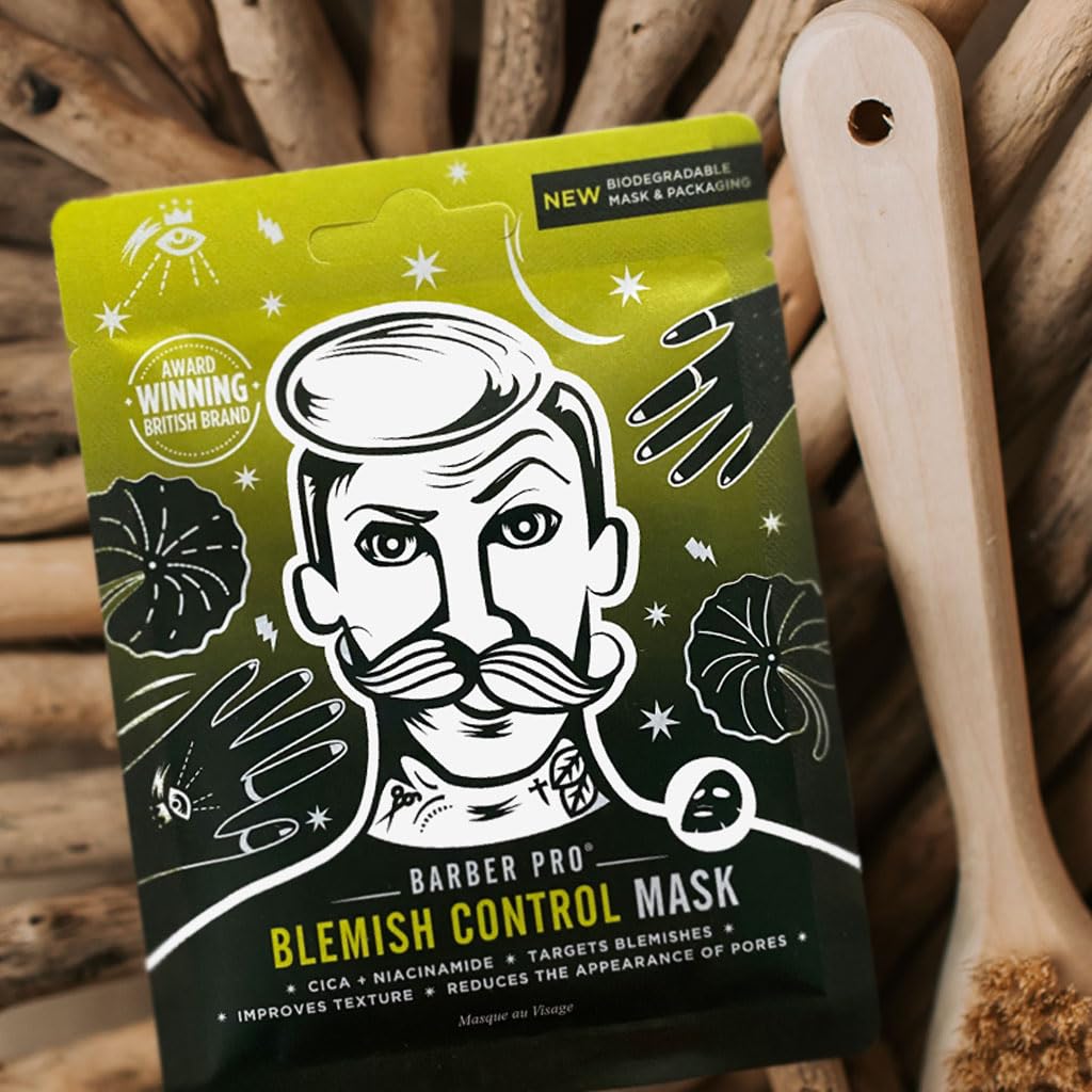 BARBER PRO BLEMISH CONTROL Mens Face Mask Bamboo Sheet Facial Hydration Prevent Breakouts & Improve Skin Texture Cica & Niacinamide Natural Vegan Skincare 100% Biodegradable Multi Award Winning Brand