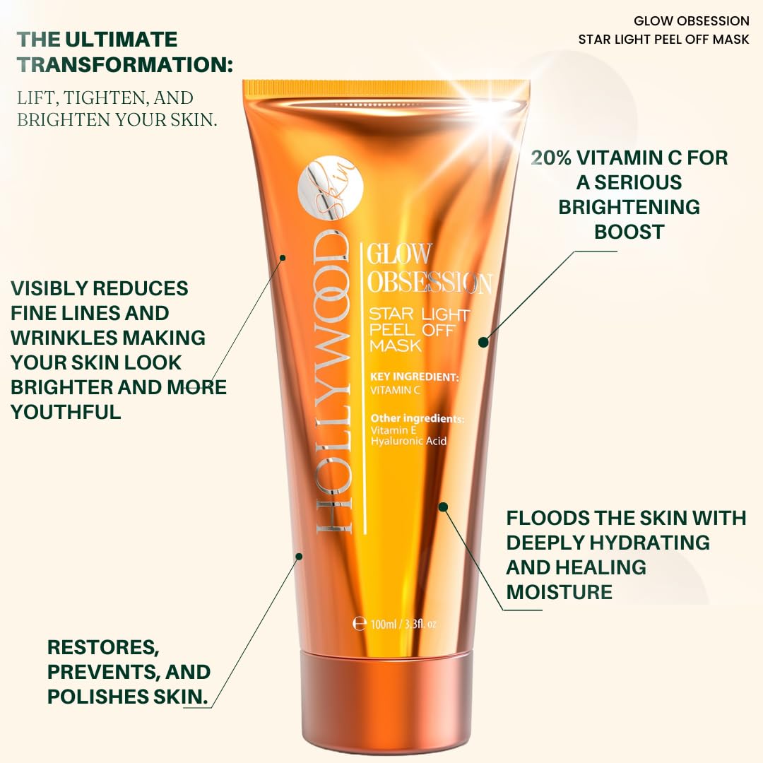 hollywoodskin 20% Vitamin C peel off mask. For instantly more radiant & glowing skin, with 10% Hyaluronic acid, 1% Vitamin E, Aloe vera, Collagen and Jojoba oil. 100ml
