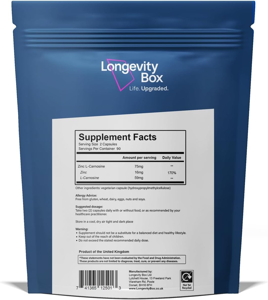 Longevity Box Zinc L-Carnosine Supplement - 75mg x 180 Capsules of Maximum Bioavailable Zinc L-Carnosine 2 Per Serving, Supports Gut Health, Nutrient Absorption, Digestive Comfort - 3 Months Supply