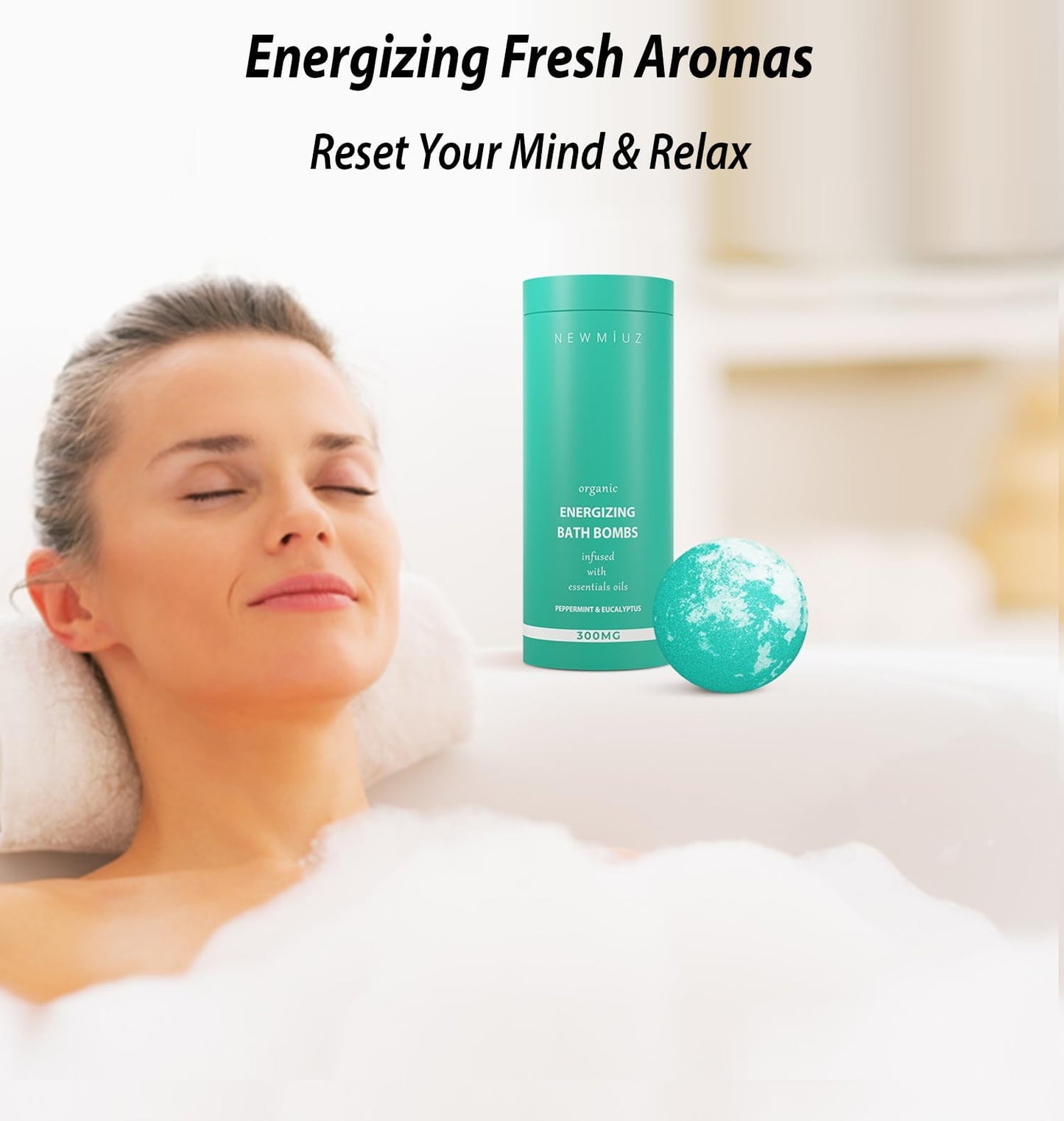 New Miuz Menthol Fizzing Bath Bomb Eucalyptus Peppermint Epsom Salt- Refreshing & Energizing - Luxurious Bubble Spa with Your Essential Oil Infused Bath Oil Bombs - Post Workout Sore Muscles Recovery Gift