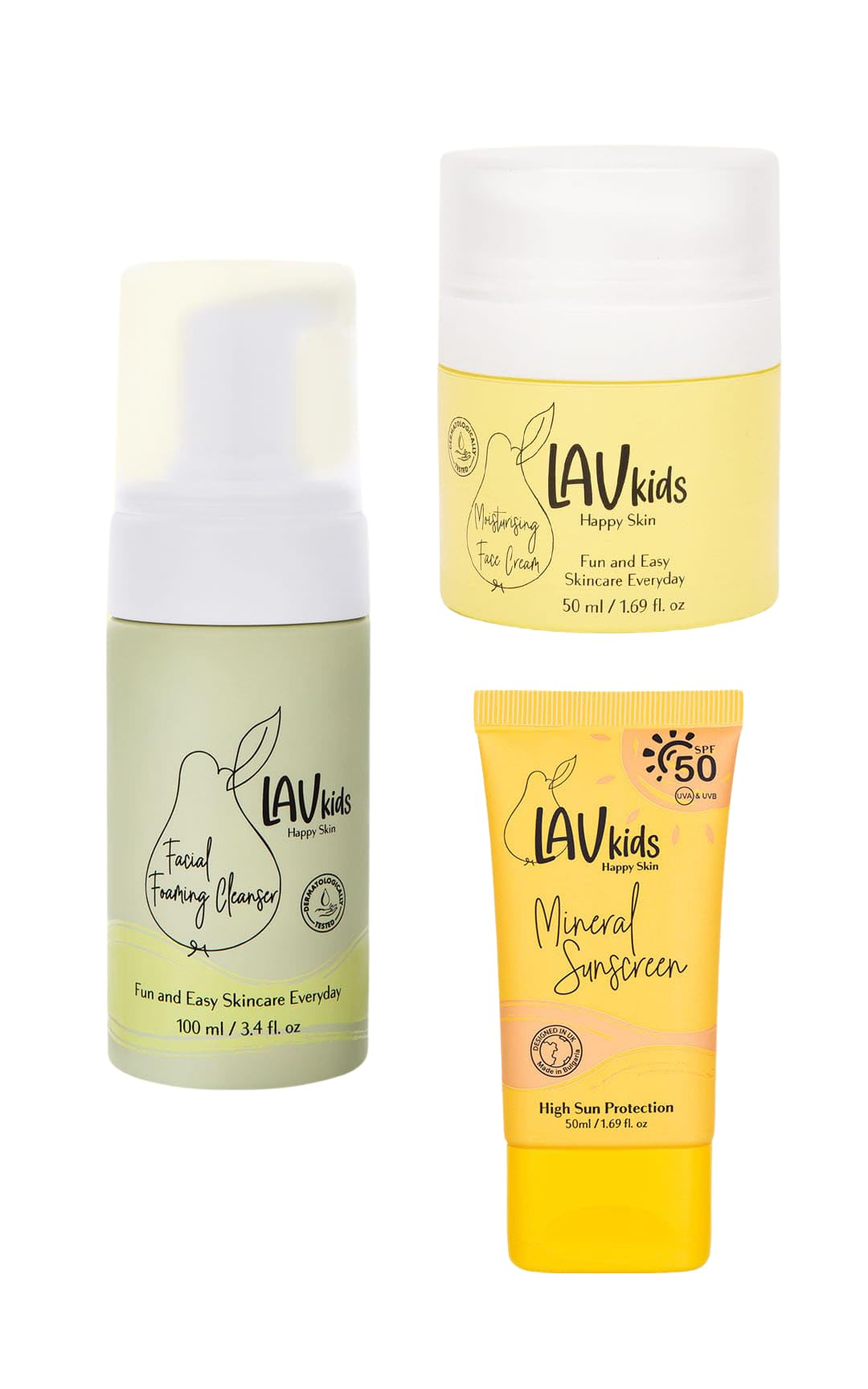 LAV KIDS Lav Kids 3-Step Daily Skincare Set for Kids – Foaming Cleanser 100ml, Face Cream 50ml, SPF 50 Sunscreen 50ml – Hypoallergenic with Hairband & Travel Mesh Bag – Gentle for Sensitive Skin (Moisturusing)