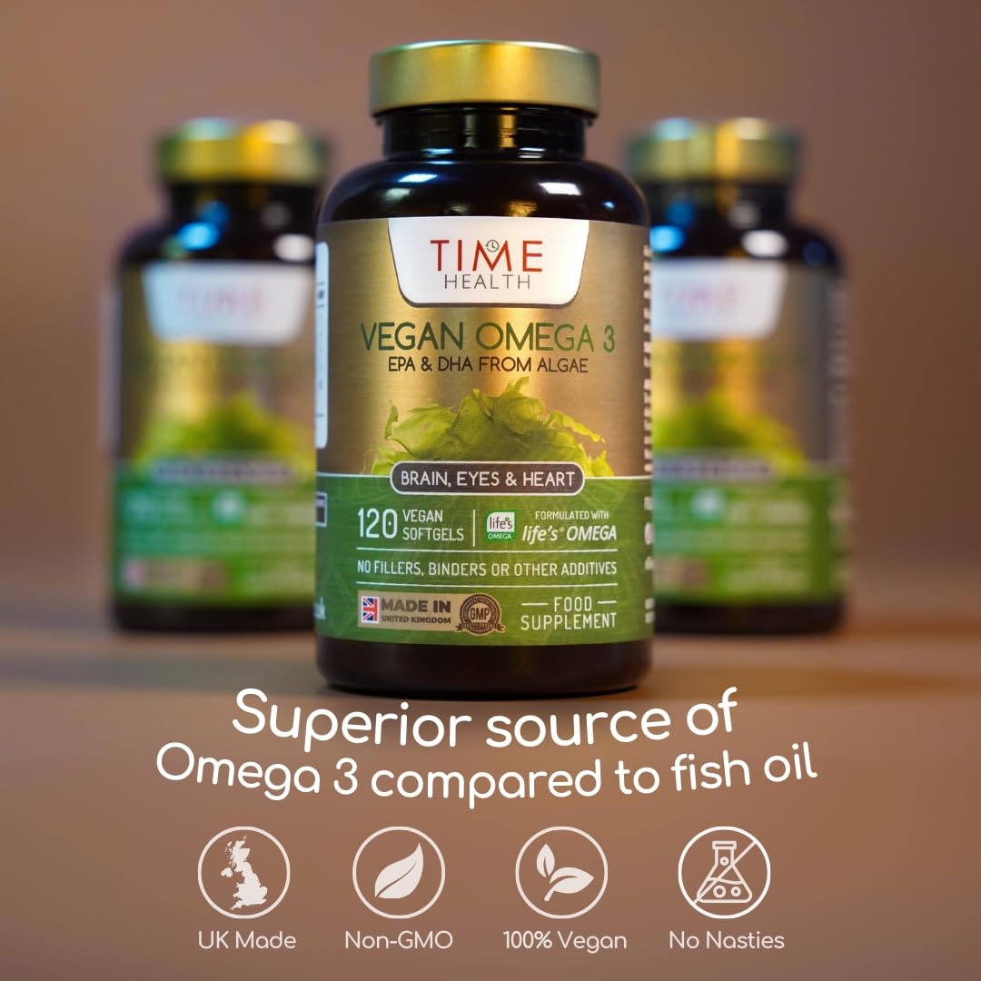 Time Health Vegan Omega 3 – EPA & DHA from Algae Oil – Premium Brand – Carrageenan-Free – Sustainable Algal Alternative to Fish Oil – Vegetarian Essential Fatty Acids – UK Made Supplement (120 Count (Pack of 1))
