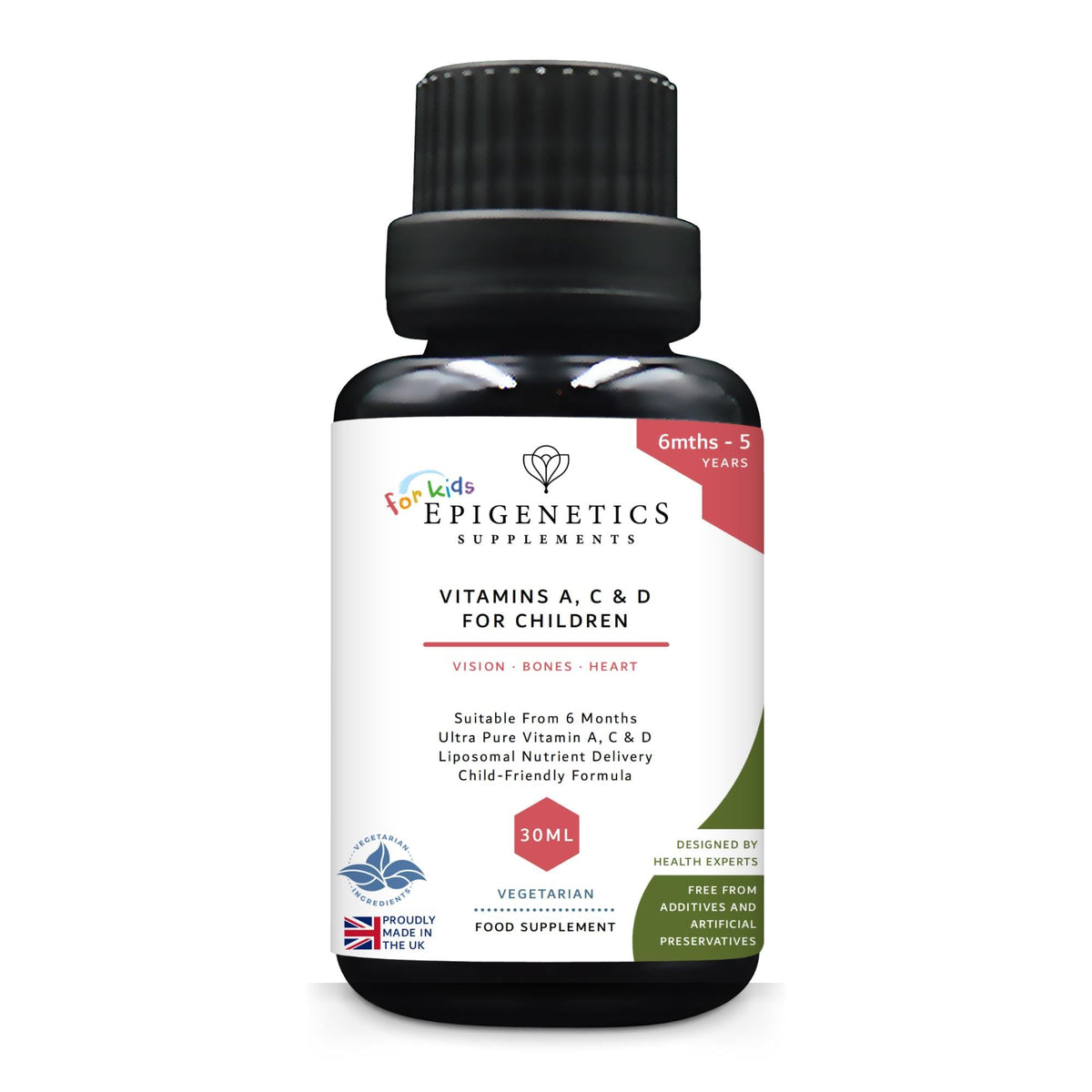 Epigenetics Kids Vitamins A, C & D for Children & Baby | Bones, Vision & Heart | Sugar Free Liposomal Liquid Multivitamin Supplement | 2 Month Supply | 30ml Bottle with Spoon. Vegetarian & UK Made