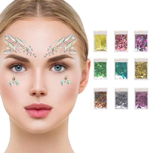 Glamza Festival Face Jewels x6 Sets of Face Gems PLUS x9 Sachets of 10g Glitter Pouches for Face & Body