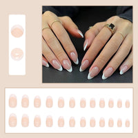 Ceboic 24PCS Short False Nails Almond, French Tip Nude & White Press on Nails Designs, Glossy Removable Glue-on Nails Fake Nails Set with Glue Stickers, Acrylic Full Cover Stick on Nails for Women Girls