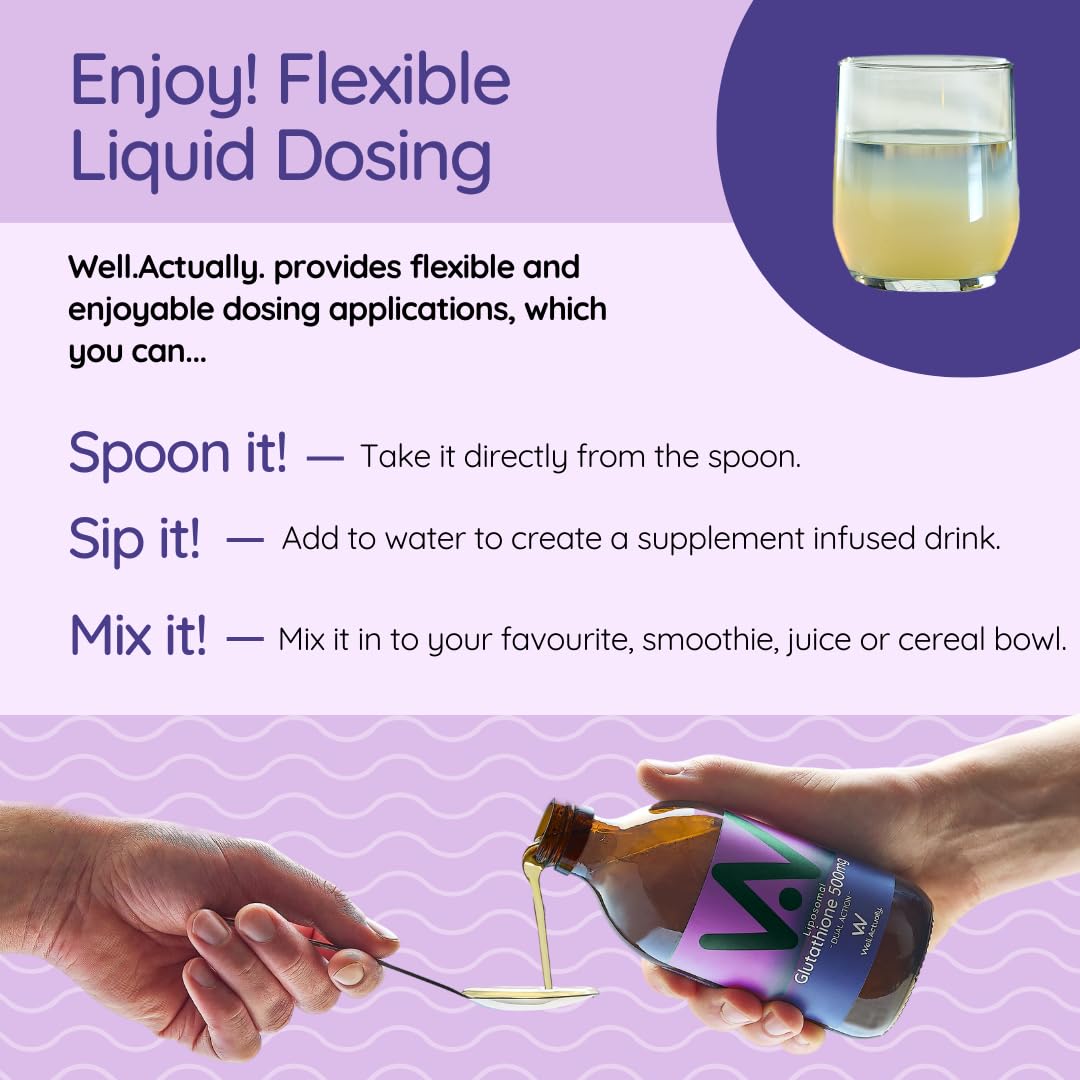 well actually WELL ACTUALLY Liposomal Glutathione 500mg (50 Servings - 250ml) High Bioavailability Setria® Glutathione Supplement with Vitamin B6 & Selenium - Powerful Antioxidant - Vegan, Blueberry Mint Flavour