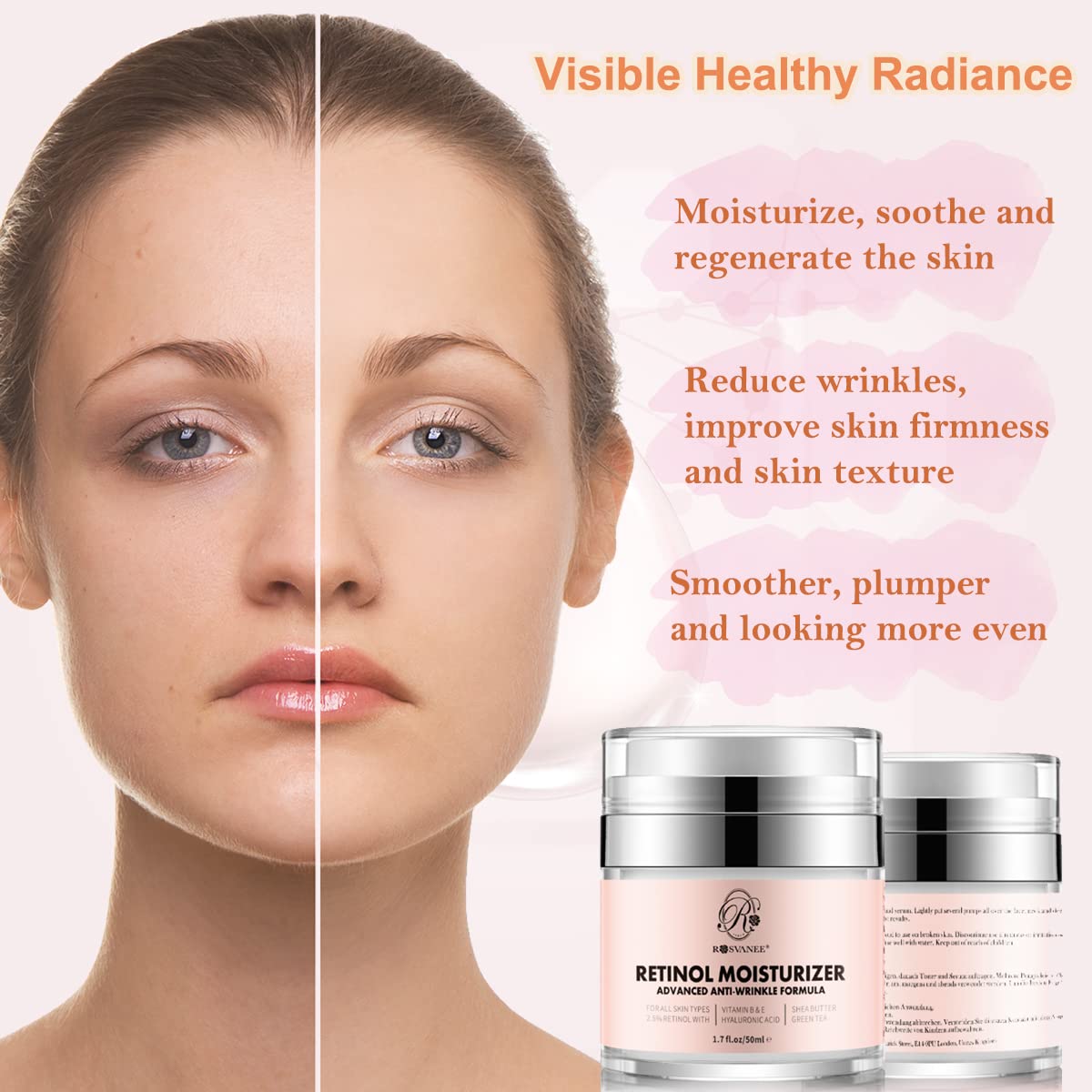 ROSVANEE Retinol Moisturizer Anti Aging Cream for Face, Neck and Eye with 2.5% Retinol, Hyaluronic Acid and Vitamins E & B5, Anti Wrinkle Deep Hydration Cream for Men & Women