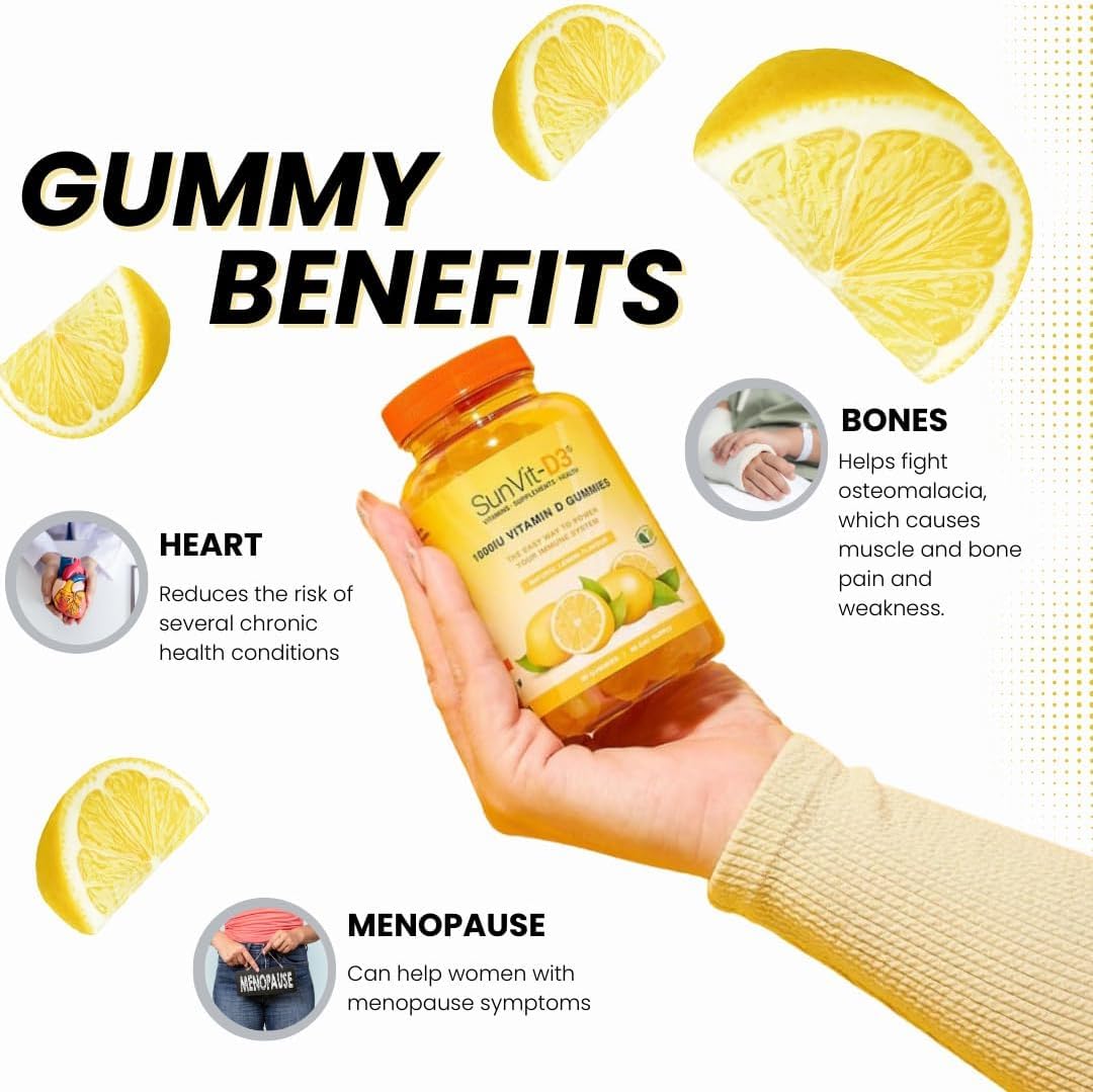 SunVit-D3 Sunvit-D3 Lemon Vitamin D3 Gummies 1,000IU - Vitamin d Gummies for Adults & Menopausal Women | Alleviating Back & Muscle Discomfort | Chewable & Calcium Vitamin D Gummies Suitable for Ages 11 & Above