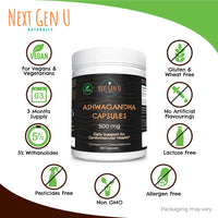 Ashwagandha 500 mg Strength 120 Capsules, Dietary Health Supplement for Men & Women, Supports Stress & Anxiety Relief, Restful Sleep & Focus, Ashwagandha Herb Root Extract w/ Withanolides by NGU