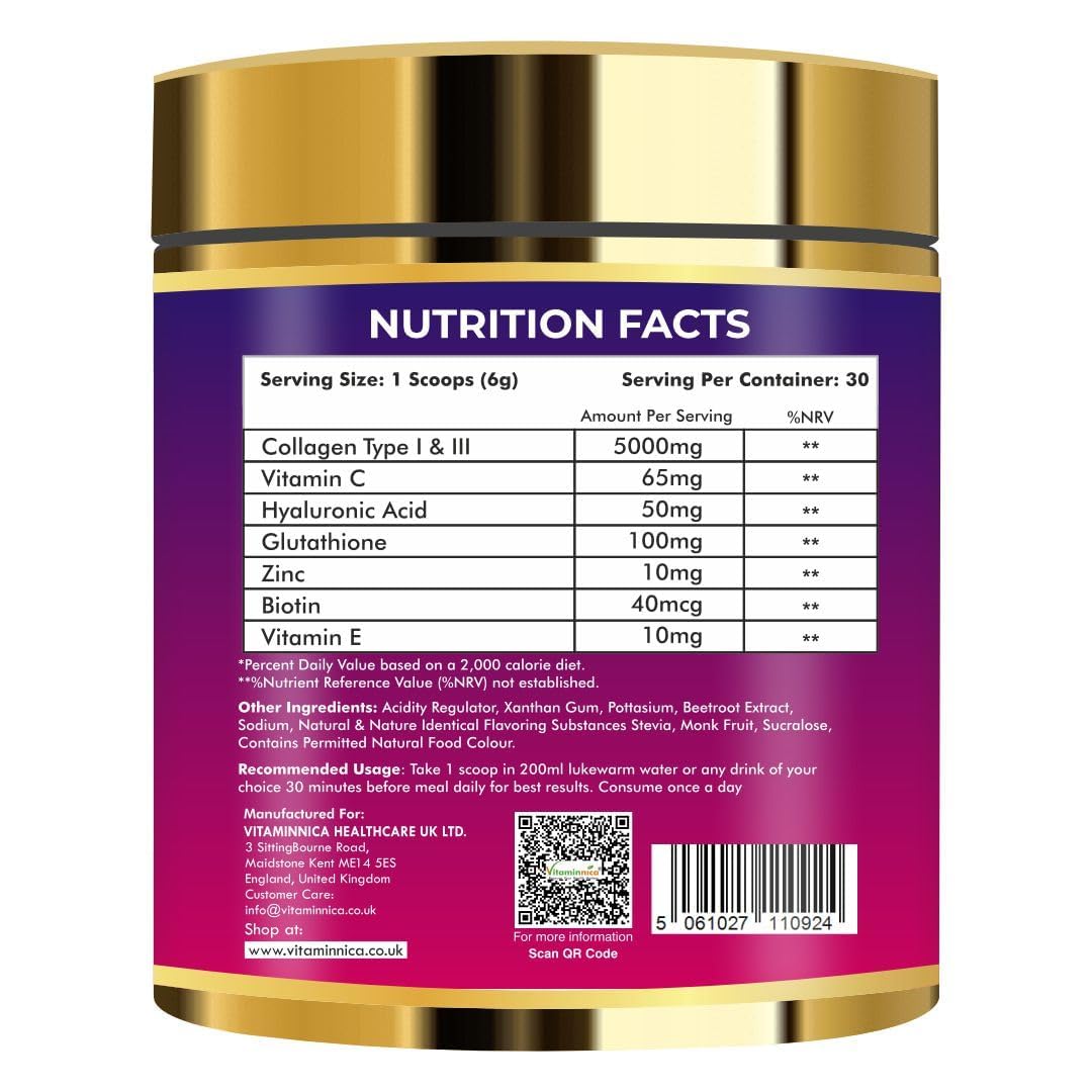 Vitaminnica Because your Health Matters Vitaminnica Vita Beauty Collagen Powder | Type I & III Collagen with Hyaluronic Acid, Biotin, Zinc, & Vitamin C | Supports Skin, Hair, Nails & Joints | 30 Servings (Berries)