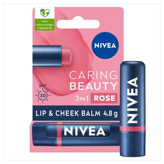 NIVEA Caring Beauty Rose Nude Lip Balm SPF30 (4.8g), 3-in-1 Buttery Lip and Cheek Tint, Rich Colour and 24H Moisturisation with SPF 30 Protection