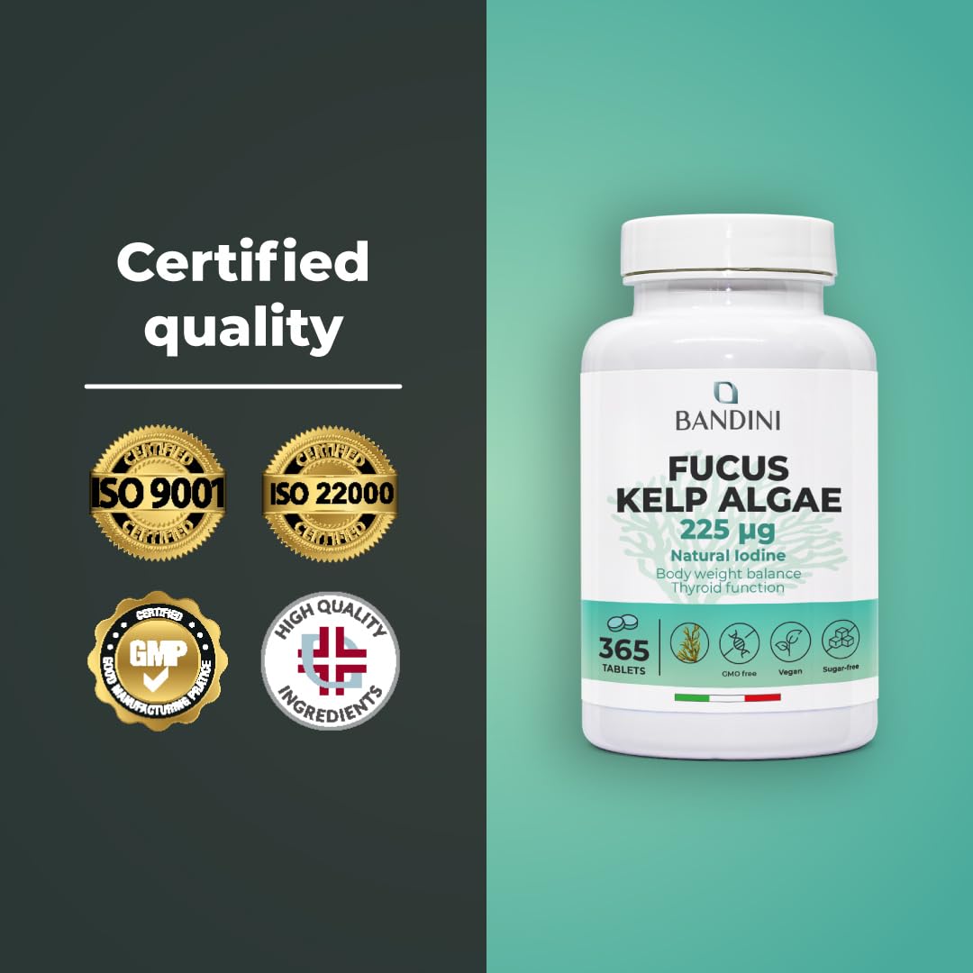 BANDINI Bandini® Fucus Kelp Algae (Seaweed Natural Iodine) – 365 Tablets (1-Year Supply) – High Strength, Vegan – Brown Titrated to 0.1% Iodine – Stimulates Energy Metabolism (Unflavoured)