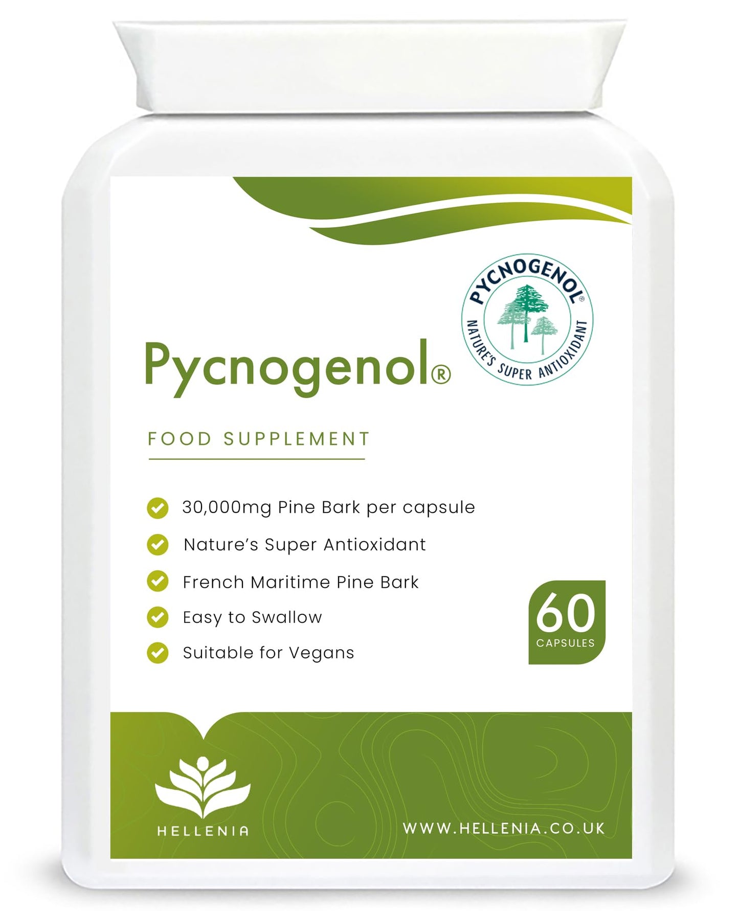 Pycnogenol® French Maritime Pine Bark Extract - 60 Capsules | Providing Naturally Powerful Bioflavonoids | High Bioavailability Pycnogenol | Suitable for Vegans - Made in The UK by Hellenia