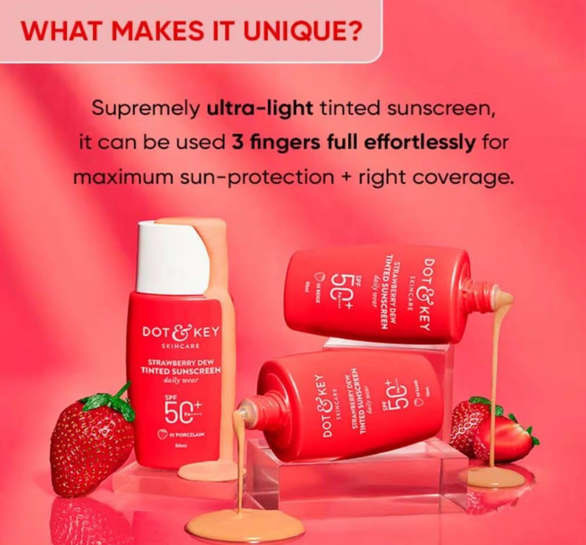 Dot & Key Strawberry Dew Tinted Sunscreen SPF 50 PA with Niacinamide & Hyaluronic Acid, available in Beige Medium (05) shade, 50ml for sun protection and hydration.