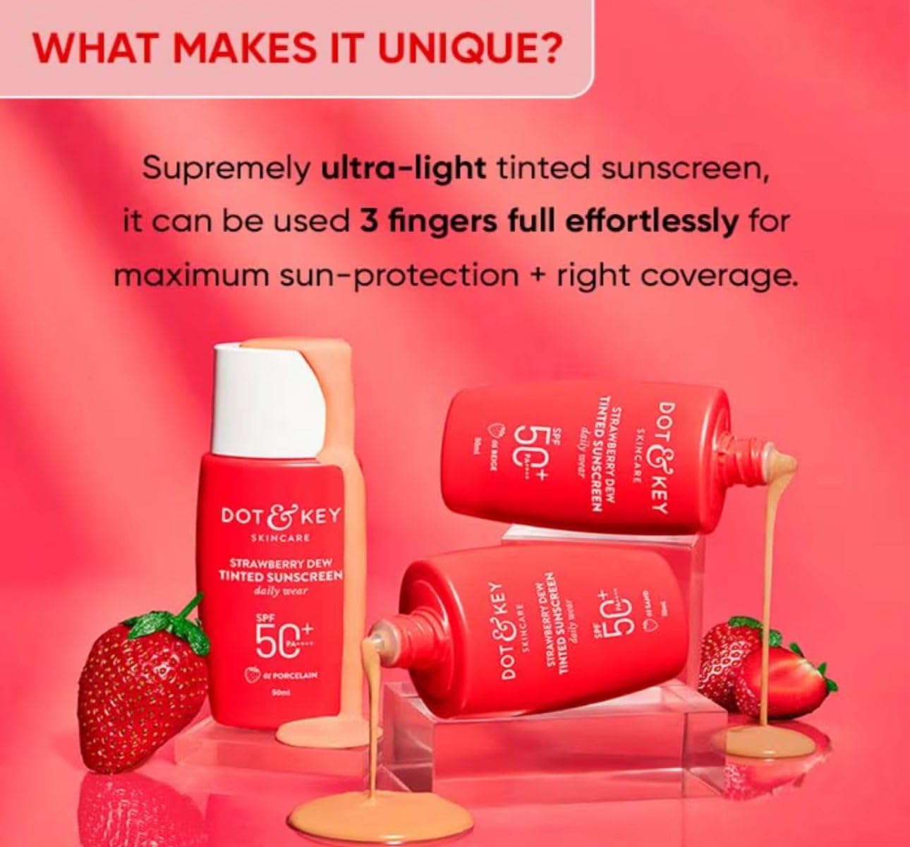 Dot & Key Strawberry Dew Tinted Sunscreen SPF 50 PA with Niacinamide & Hyaluronic Acid, available in Beige Medium (05) shade, 50ml for sun protection and hydration.