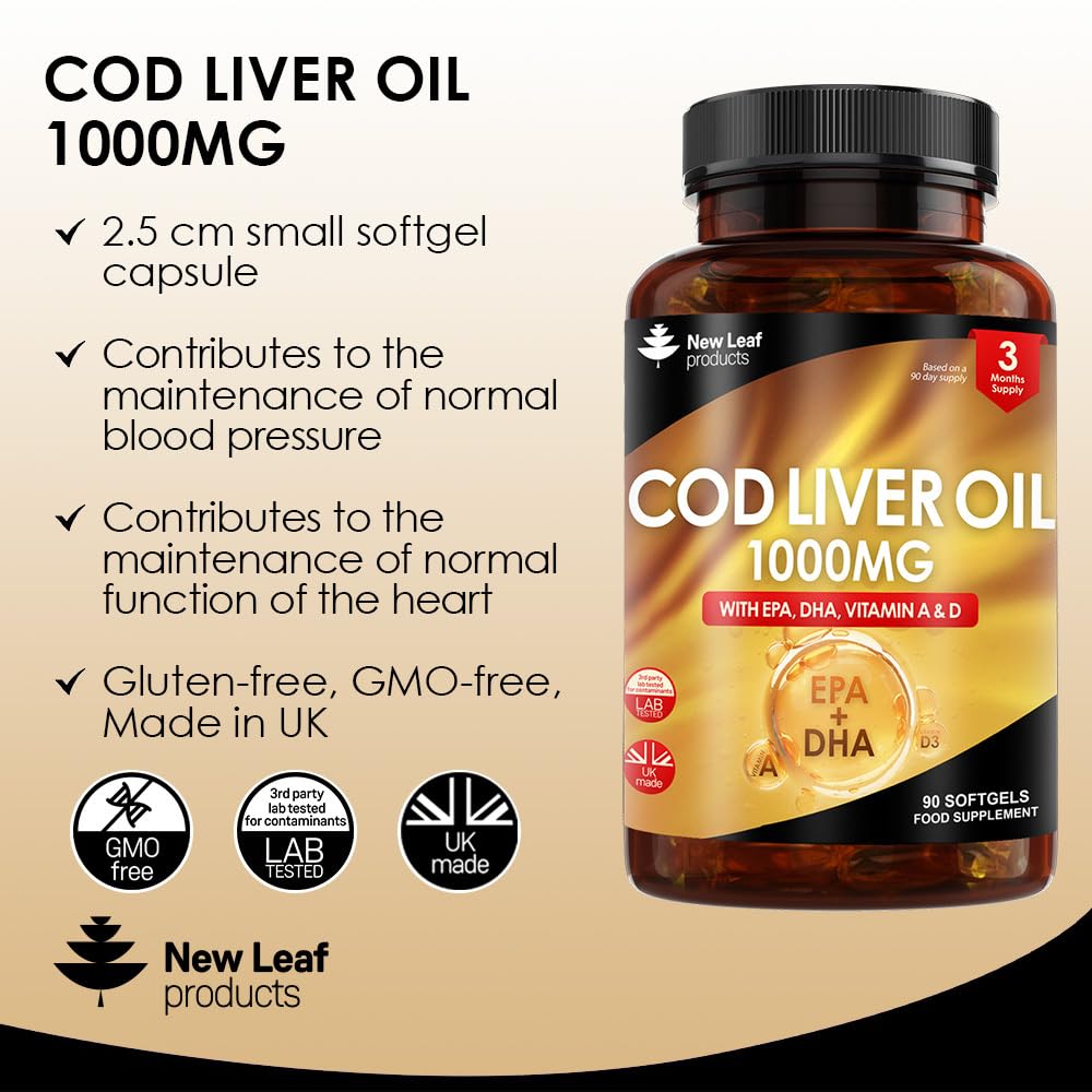 Cod Liver Oil Capsules 1000mg - 90 Cod Liver Capsules High Strength Softgels- Cod Liver Oil Rich in Omega 3 EPA DHA Fatty Acids + Vitamins A & D, High Strength Fish Oil - UK Made, by New Leaf