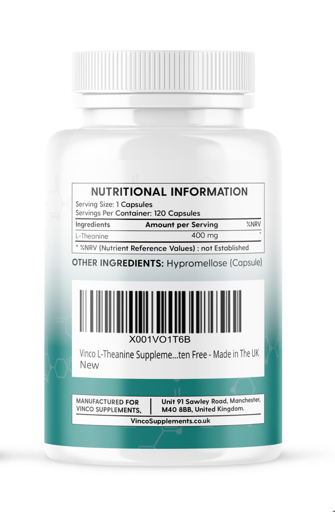 Vinco Supplements Vinco L-Theanine Supplement - 400mg x 120 High Strength L Theanine Capsules - 99%+ Purity - Supports Sleep & Relaxation - Non-GMO & Gluten Free - Made in The UK