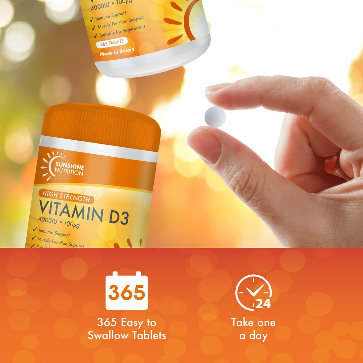 Vitamin D3 Tablets - Maximum High Strength D3 4000IU - One a Day - 365 Days Supply, Easy to Swallow (Adults D3 Tablets) by Sunshine Nutrition. Made in UK.