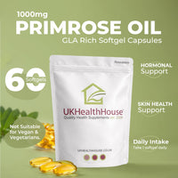 UKHealthHouse Evening Primrose Oil – EPO Capsules, 1000mg x 60 Softgels – High Strength Omega 6 GLA Content – Great for Skin, Immune System, Hormonal Pain, Hot Flushes & Women’s Health