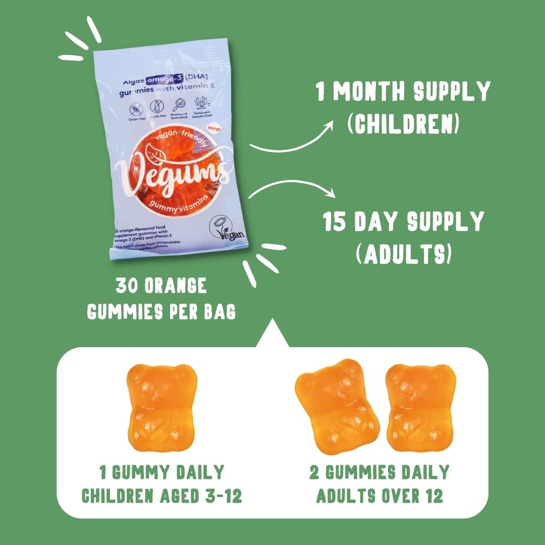 Vegums Fish-Free Omega-3 for Kids and Adults | 30 Orange-Flavoured Food Supplement Gummies with Omega-3 (DHA) Sourced from Marine Algae & Vitamin E | Suitable for Vegans and Vegetarians