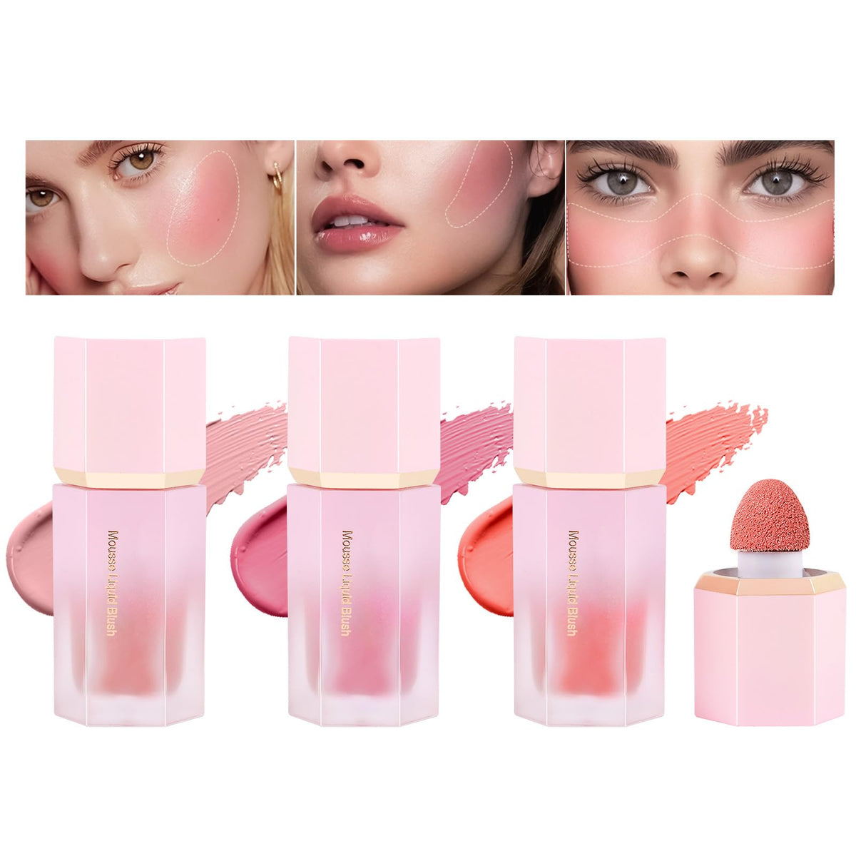 LOPHE 3 Pcs Liquid Blush for Cheeks, Soft Cream Liquid Blush Stick With Fine Glitter, Natural-Looking Face Cheek Tint Blush Makeup, Long Lasting Blendable Lightweight Moisturizing Beauty Makeup