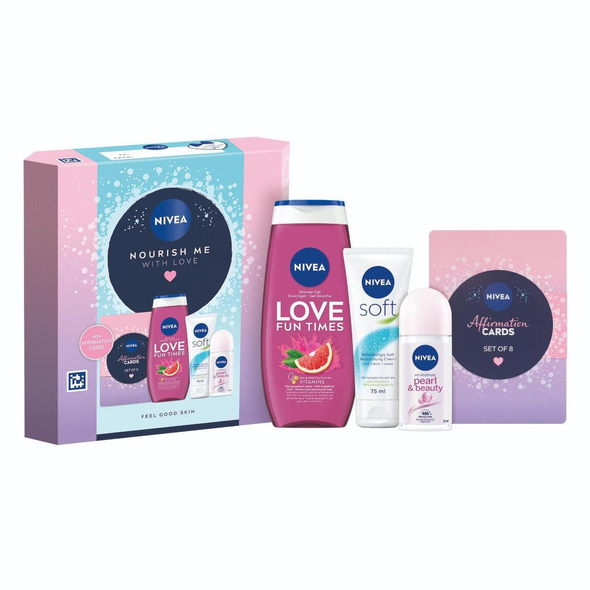 Swiss+ NIVEA Nourish Me With Love Gift Set – Feel Good Skin Bundle with 8 Affirmation Cards – Grapefruit Shower Gel 250ml, Roll-On Anti-Perspirant 50ml, Soft Moisturising Cream 75ml