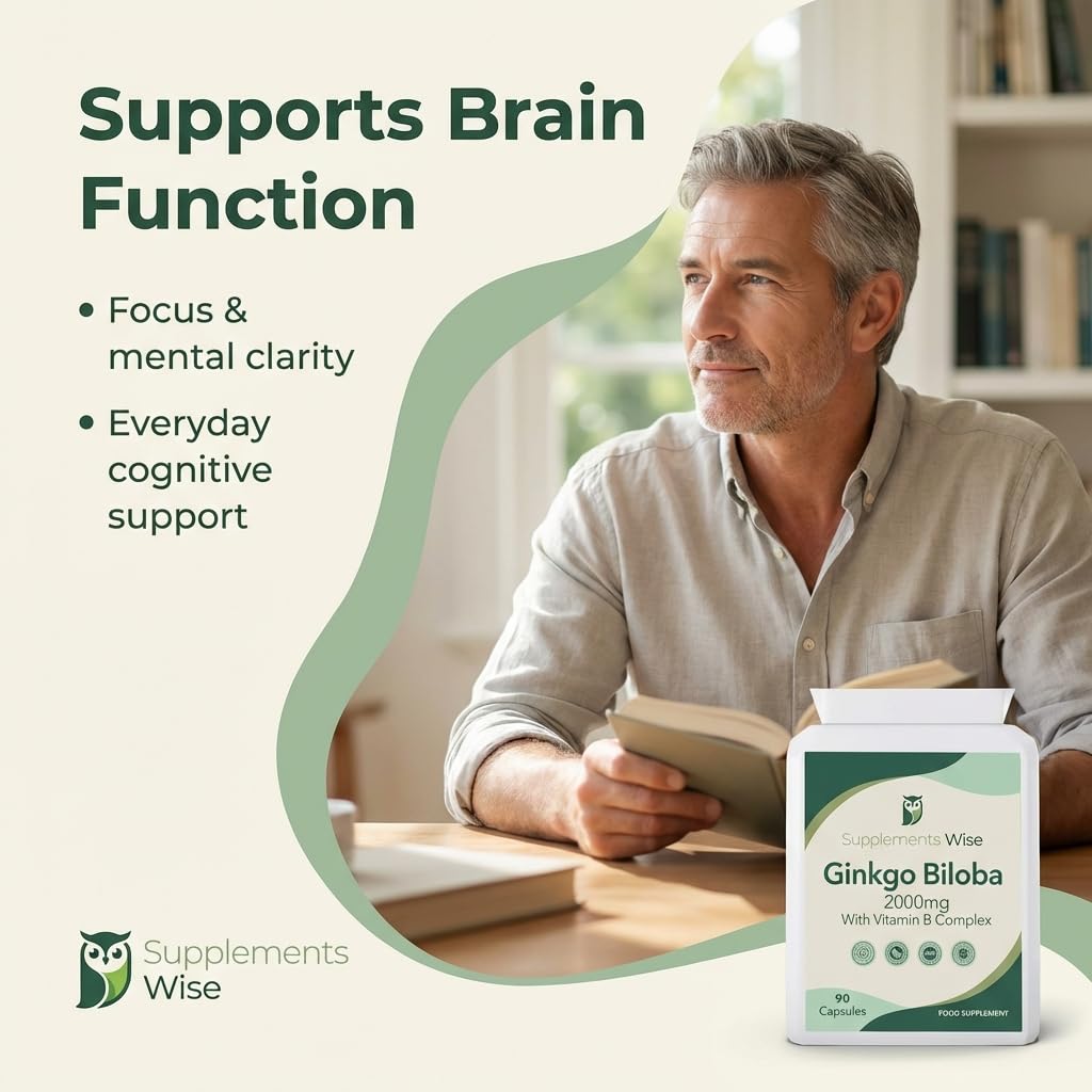 Supplements Wise Ginkgo Biloba Capsules 90 x 2000mg - Dizziness and Vertigo Treatment - Focus Tablets, Concentration Pills for Brain, Memory - Blood Circulation -Ginkgo Biloba Herbal Supplements with Vitamin B Complex