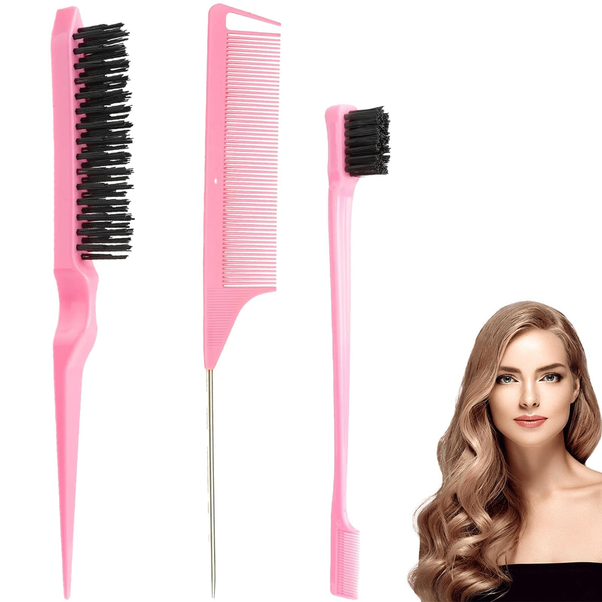 Luoqun88 3 Pcs Hair Styling Brush Set - Double Sided Edge Control Brush, Rat Tail Comb & Bristle Hair Brush for Home, Salon, and Travel (Pink)