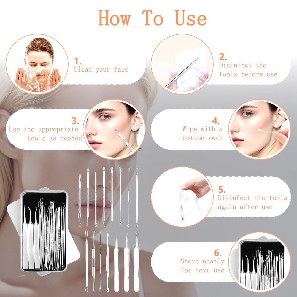 LOPHE Blackhead Remover Tool Kit, 15PCS Pimple Popper Tool Kit Stainless Steel Comedone Extractor Tweezers Acne Needle Pimple Popping Kit for Removing Pimple Blackheads Zit on Forehead Facial Nose