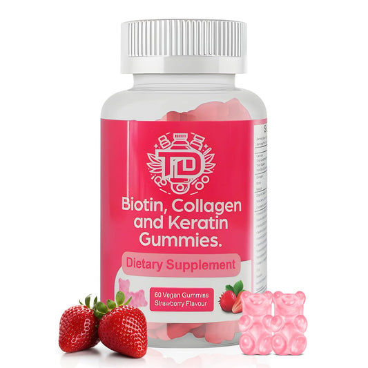 Biotin, Collagen and Keratin Gummies, Vitamins A, B6, B12, C, D, E | Supports Healthier Hair, Skin, Nails - 60 Vegan Strawberry Flavoured Gummies