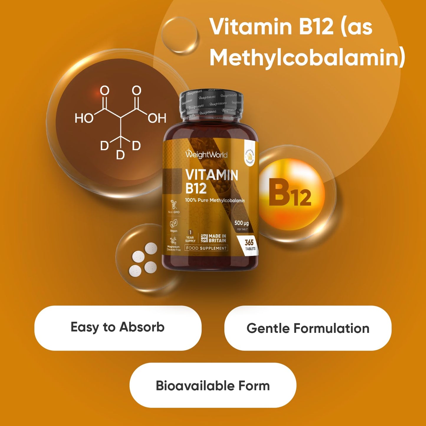 WeightWorld Vitamin B12 Tablets - 365 Tablets - 1 Year Supply - 1 a Day - 500mcg - Easy to Swallow & Small in Size (6mm) - Bioavailable Methylcobalamin Form - Vegan Vitamin B12 Supplement for Men & Women