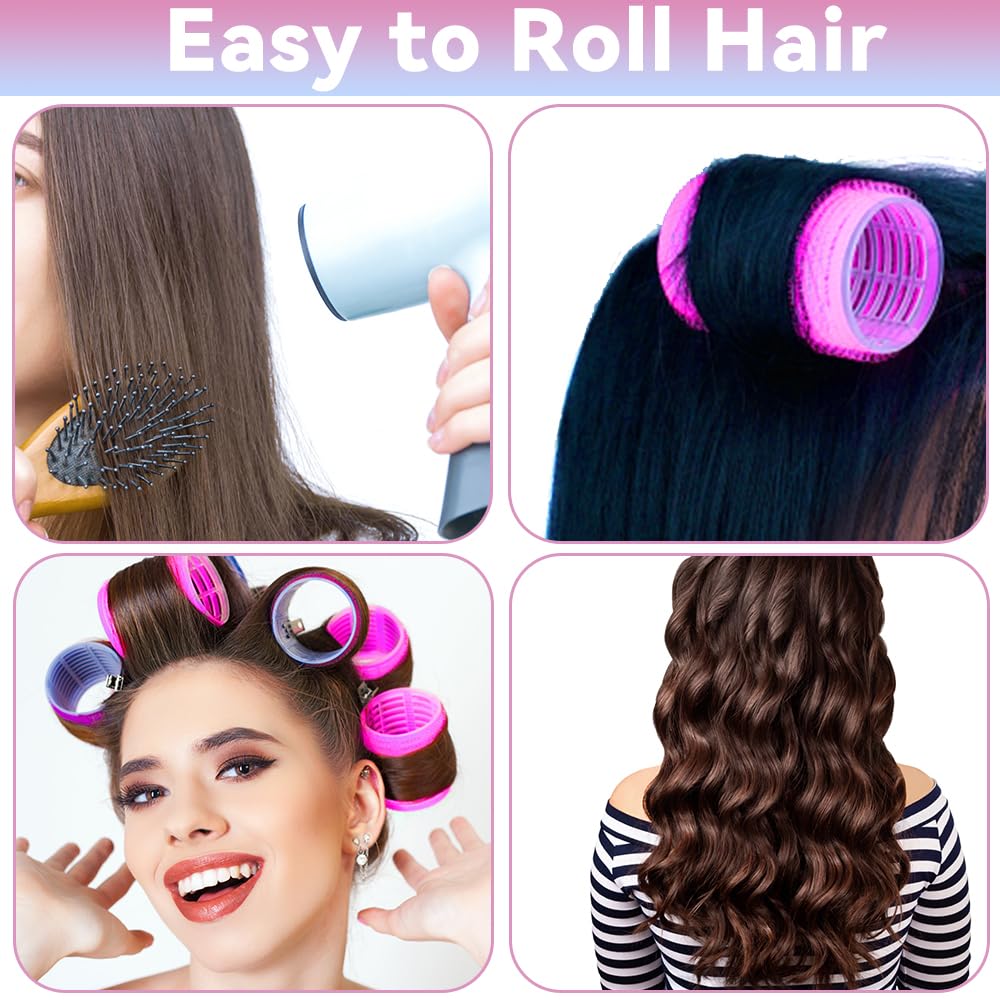 JOLCEEY 50pcs Hair Rollers with Clips, Jumbo Large Medium Small Rollers for Hair Volume Big Hair Curlers Rollers for Long Medium Short Hair DIY Hairdressing (Purple, Rose red)