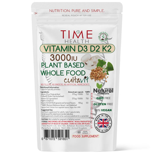 Vitamin D3, D2, K2, Natural Wholefood Plant Based 3000IU - Zero Additives - Pullulan (60 Capsule Pouch)
