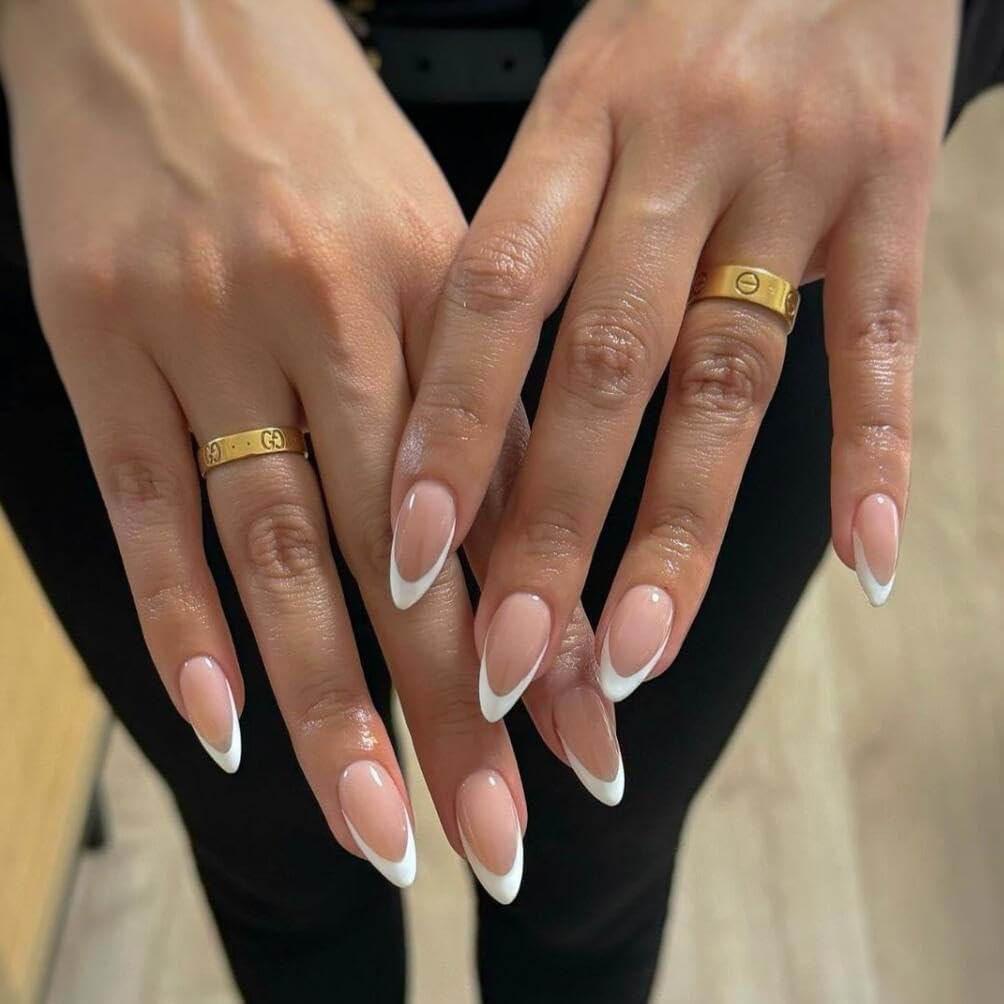 KQueenest 30 Pcs White French Tip Press on Nails Short Medium Almond, French Tip False Nails Short Stiletto, Thick Acrylic Fake Nails Set Natural Nude Gel Stick on Nail for Women Daily Wedding Wear