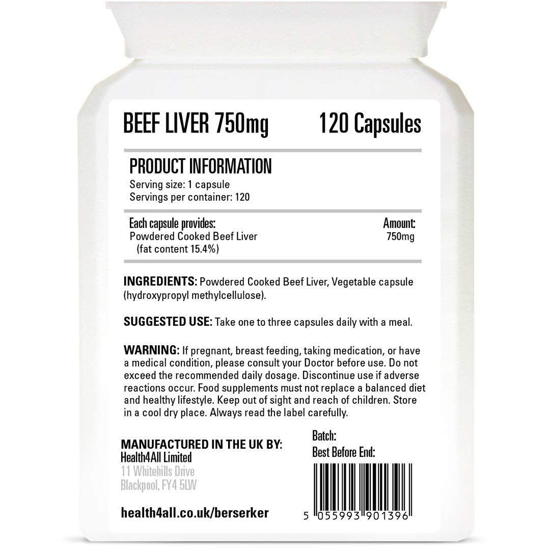 Berserker Desiccated Beef Liver 750mg 120 Capsules Un-defatted Meaning Full Absorption of Naturally Occurring Vitamins and Minerals Found in Beef Liver. Made in The UK.