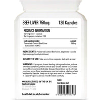 Berserker Desiccated Beef Liver 750mg 120 Capsules Un-defatted Meaning Full Absorption of Naturally Occurring Vitamins and Minerals Found in Beef Liver. Made in The UK.