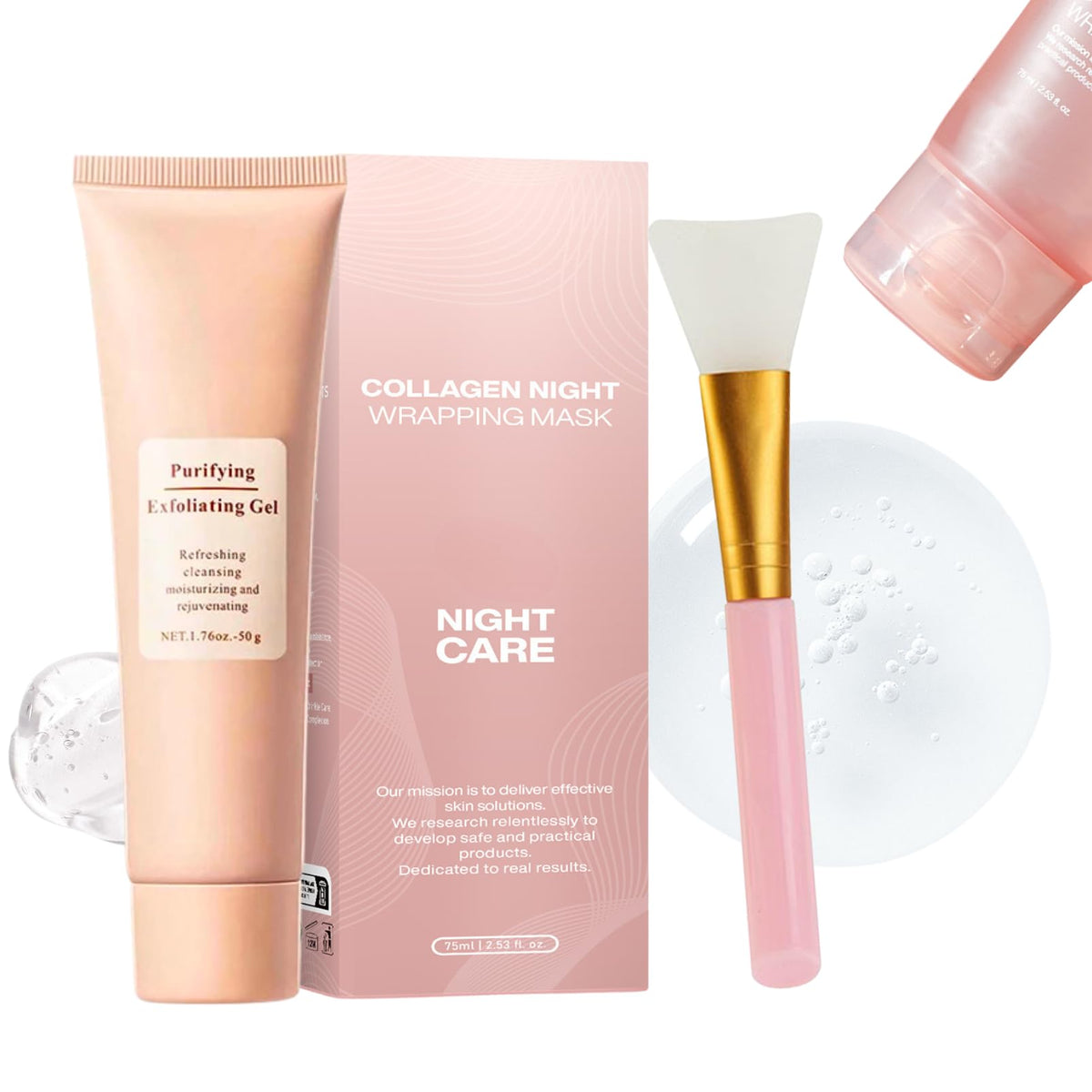 Cureluxe Collagen Night Wrapping Mask Skin Care Set - Collagen Face Mask Beauty Gift Set - Facial Overnight Wrapping Peel Off Mask and Purifying Exfoliating Gel - Reduce Sagging & Dullness (3pcs)