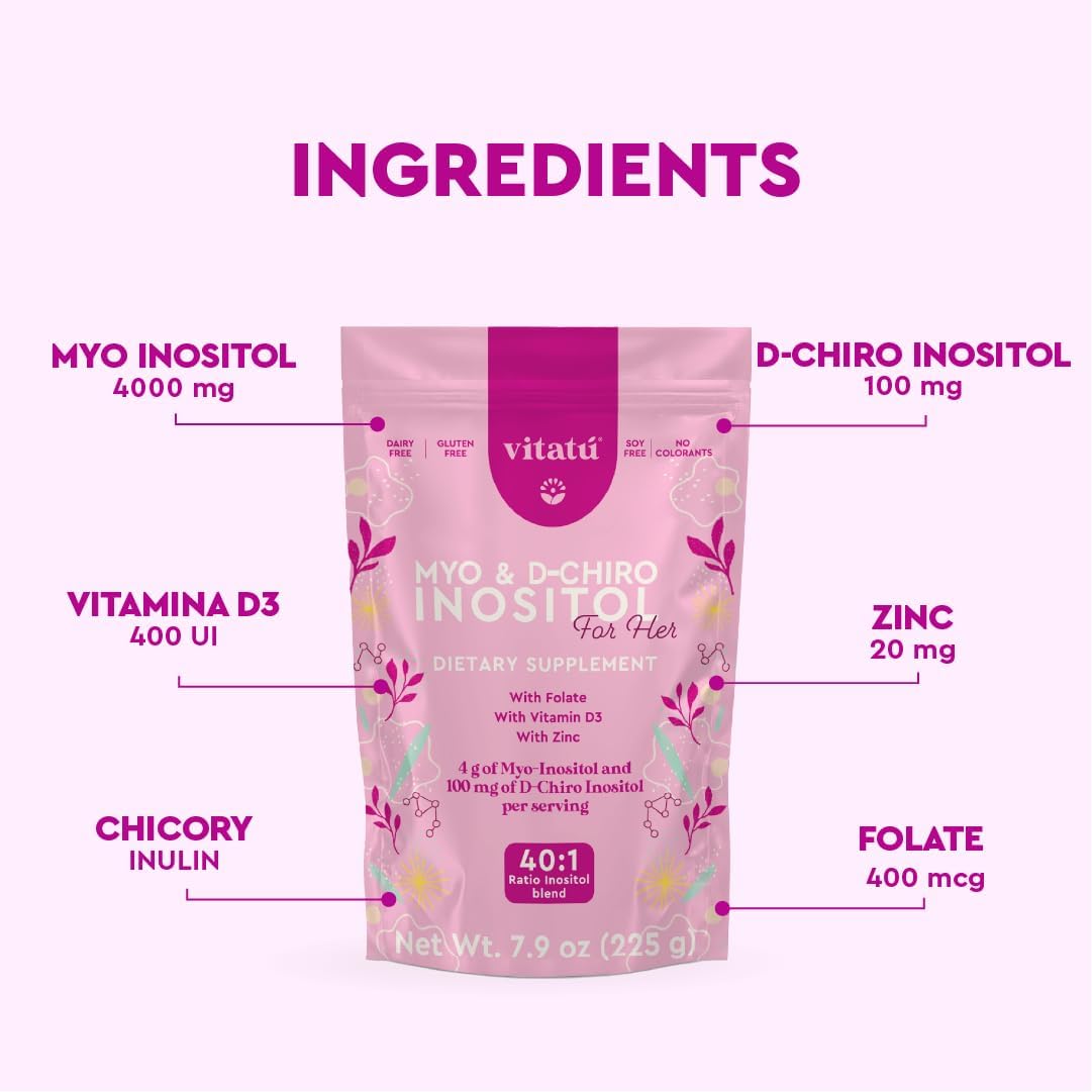 Vitatú | Myo Inositol (4g) & D-Chiro Inositol (1g) Ideal Mix 40:1 | Duration 45 Days | with Folic Acid + Vitamin D3 + Zinc, Powdered Dietary Supplement for Women (225 g)