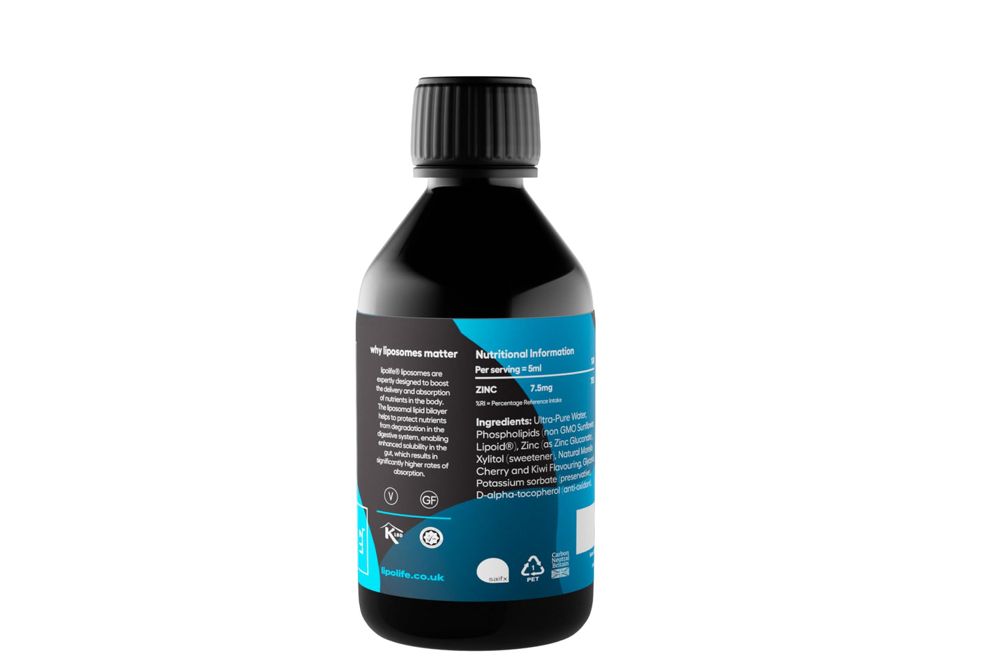 Lipolife Liposomal Liquid Zinc Supplement for Optimal Immune Support LLZ1. Delicious Cherry and Kiwi Flavour, Vegan, Gluten Free, Sugar Free. 48 Servings.