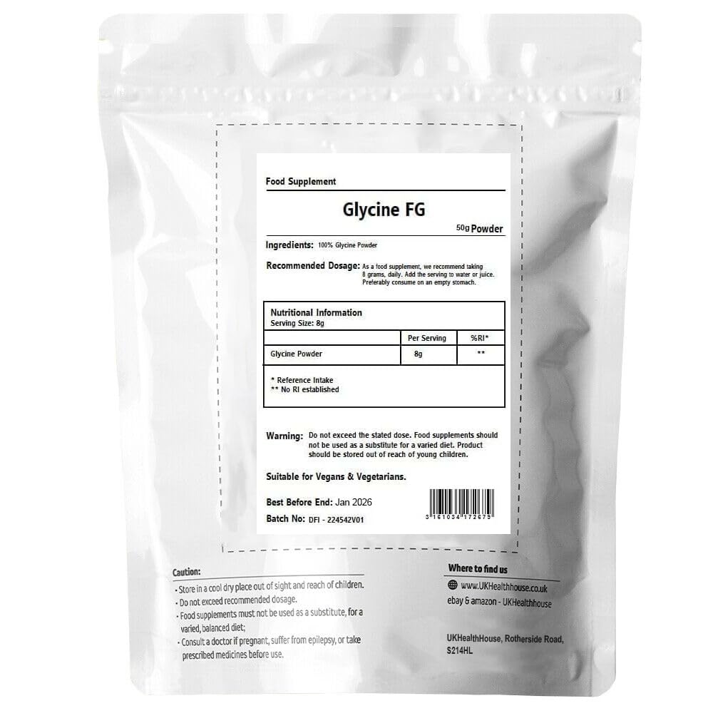 UKHealthHouse Glycine Powder - Anti Inflammatory, Sleep Aid - Recovery, GH Release 100% Pure Glycine, Vegan Friendly, Boosts Protein Synthesis, White (50g)