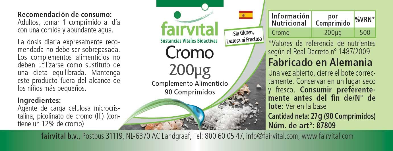 Fairvital | Chromium 200mcg from Chromium picolinate - Bulk Pack for 3 Months - HIGH Dosage - Vegan - 90 Tablets