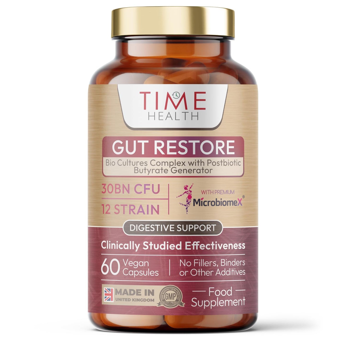 Time Health Gut Restore – Rewild Your Gut – 12 Strain Probiotic & Postbiotic Butyrate – MicroBiomeX – Clinically Proven – Advanced Bio Cultures Formula – Vegan Probiotics – UK Made - 60 Capsules