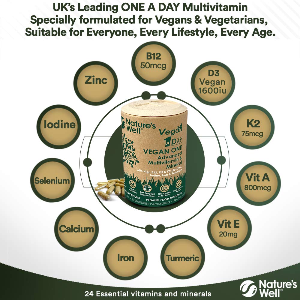 Nature's Well Vegan Multivitamins & Minerals with High Strength B12, D3 & K2, 90 Capsules – UK Made by Nature’s Well, Designed for Vegans & Vegetarians. - Pot