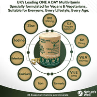 Nature's Well Vegan Multivitamins & Minerals with High Strength B12, D3 & K2, 90 Capsules – UK Made by Nature’s Well, Designed for Vegans & Vegetarians. - Pot