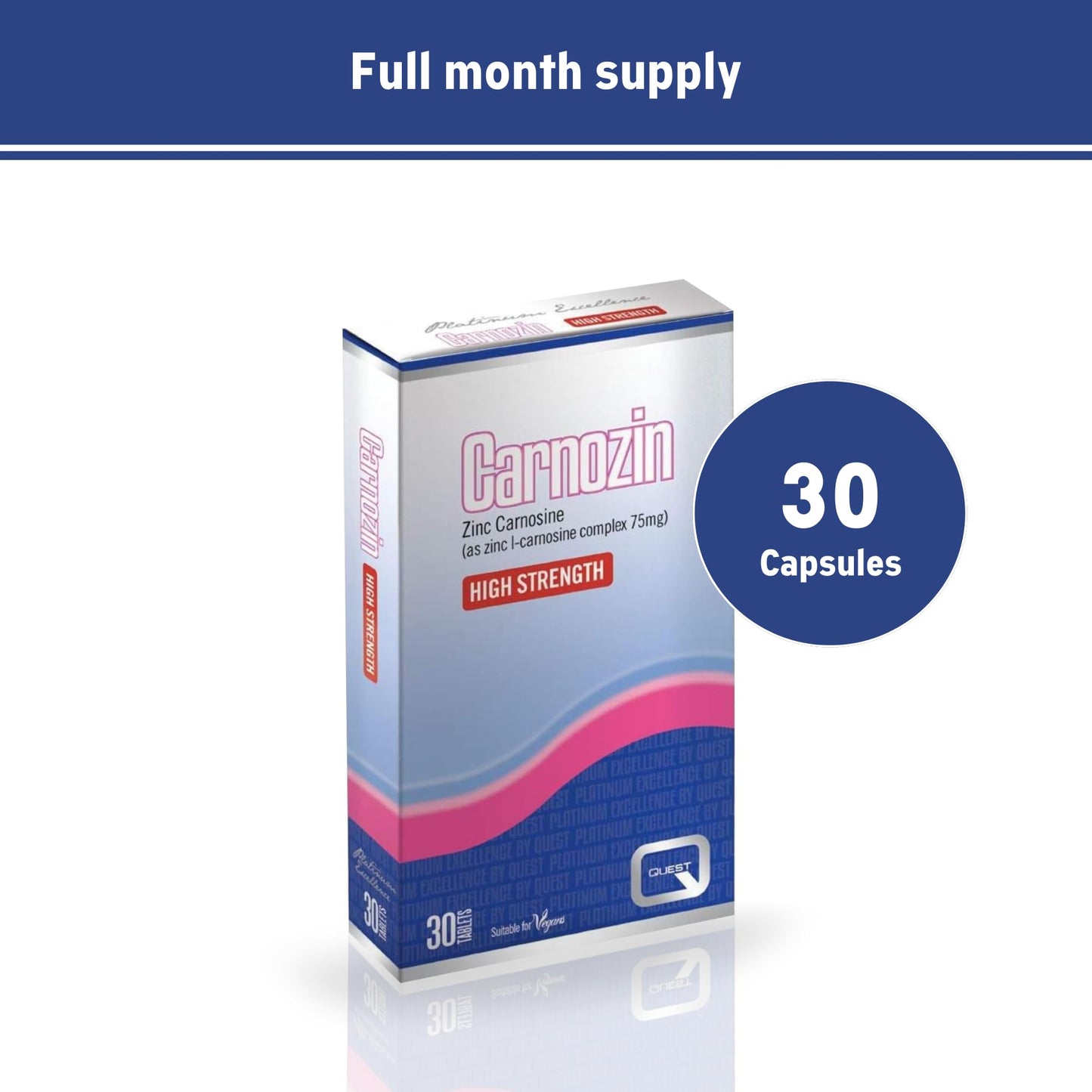 Quest Carnozin (Pack of 30) - Zinc Carnosine Complex Supplement for Gastro Protection & Healing (75mg per Tablet). High Strength Anti-Inflammatory Tablets. Suitable for Vegans.